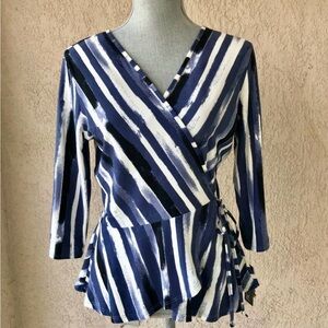 BCX V-Neck Wrap Top Blue and White Striped. Size Medium